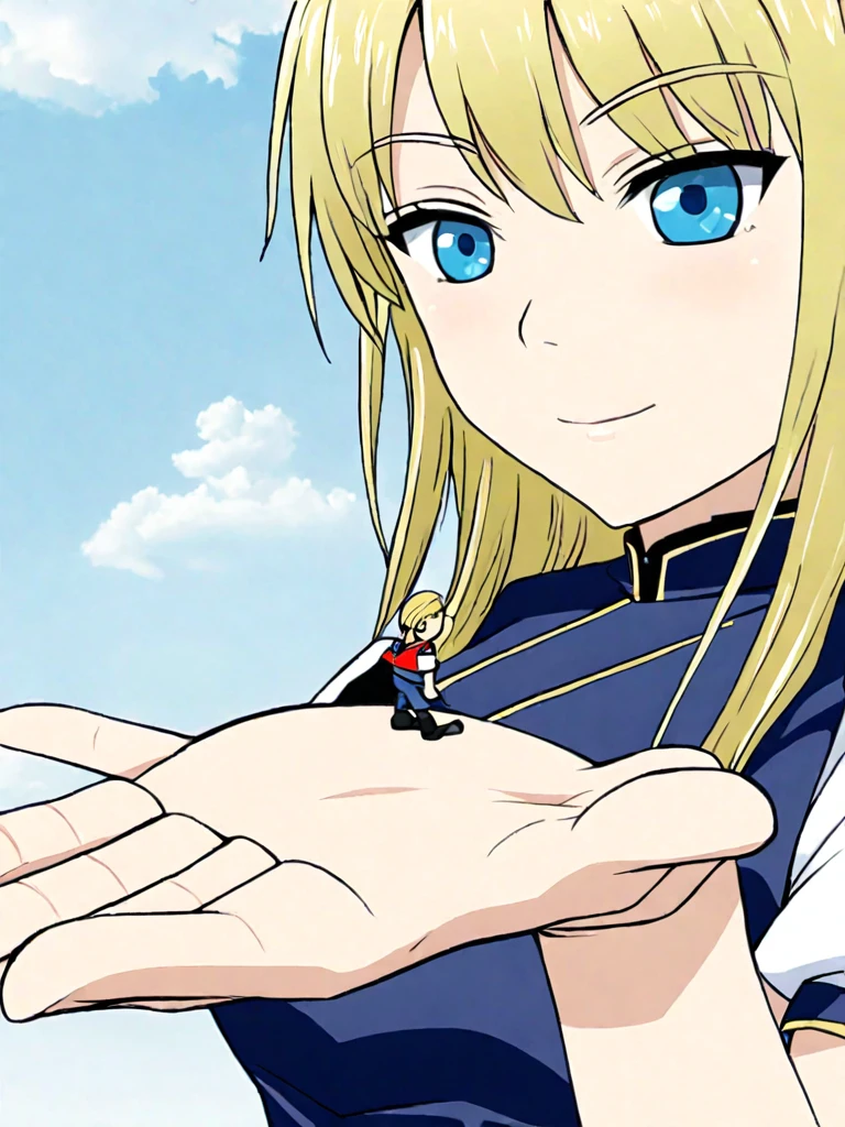 zgts, giantess, microphilia, 1tiny, in palm <lora:zgts-megamix:1> a woman with blue eyes and blonde hair holding a tiny man in the palm of her hand, anime