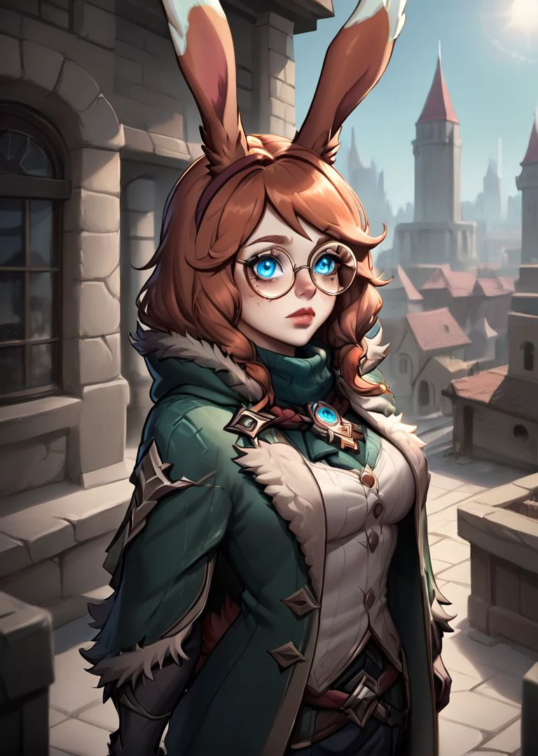 <lora:Load-IdentityPony:0.7>, <lora:Aurora:0.8> aurora (league of legends), 1girl, solo, blue eyes, rabbit ears, rabbit tail, round eyewear, green cloak, fur trim,city,background,