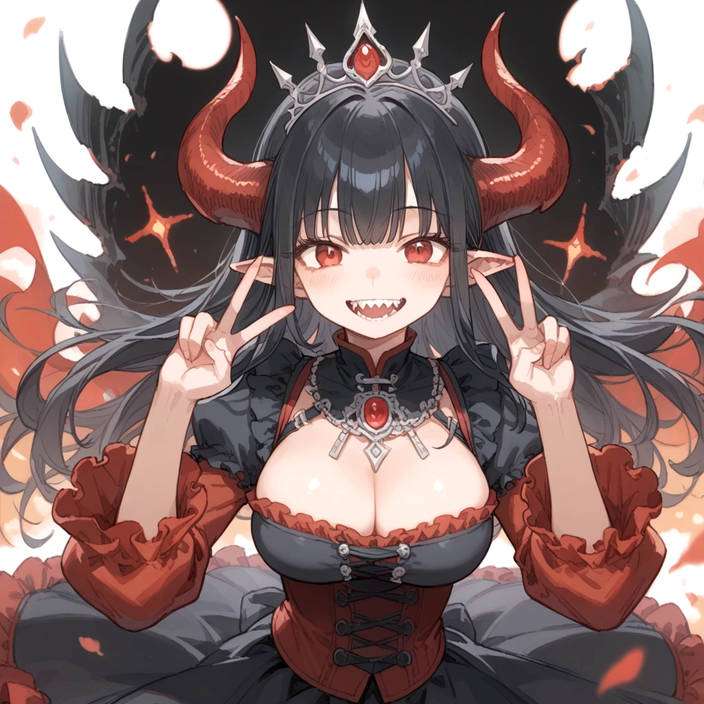 score_9, score_8_up, score_7_up , source_anime,
1girl,large breasts,fantasy devil king black tiara black and red long layered frilled dress long sleeves dark magic smile,double peace,jagged teeth,black hair,pointy ears,