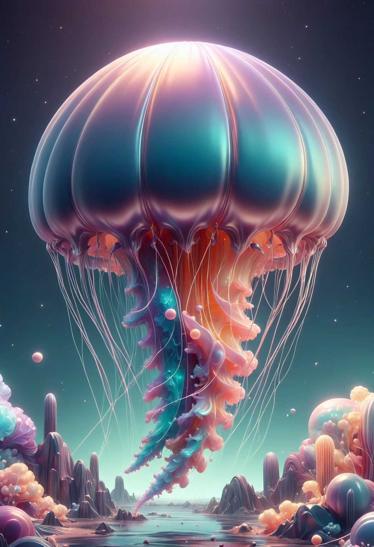 Mdigital art by Ross Tran, Dufaycolor photograph, side view shot of a Two-headed (Comb Jelly:1.3), concept art, Planet Saturn background, at Midday, Bokeh, Anime screencap, broad lighting, Long exposure, Fomapan 400, 800mm lens, Vintage color palette, distinctive color rendering, soft and dreamy atmosphere, historical charm, unique color process, grainy texture, evocative mood, nostalgic aesthetic, hand-tinted appearance, gritty, made out of metal, , p1nkm3t4l, <lora:PinkieMtllcSDXL-v1:1>,