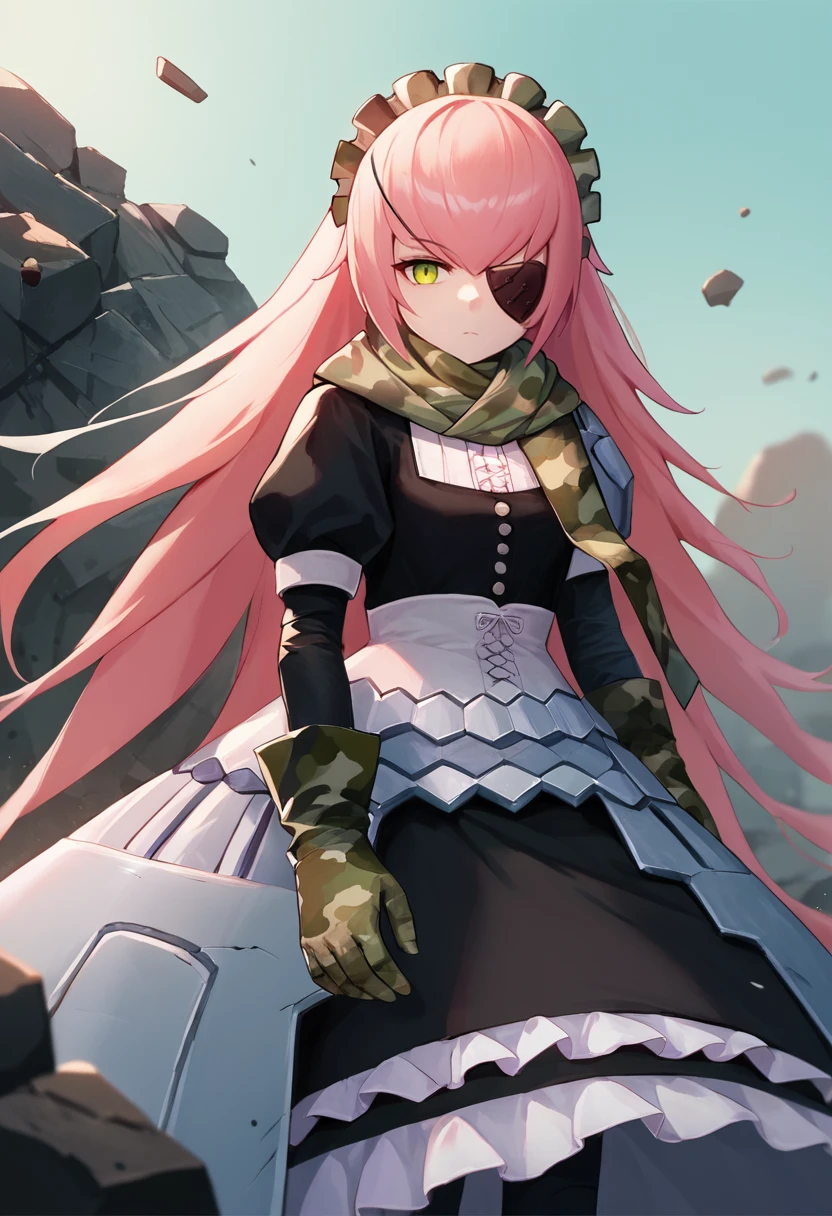 score_9, score_8_up, score_7_up, source_anime, solo, 1girl, cz2128delta, expressionless, looking at viewer, standing, pink hair, maid headdress, eyepatch, camouflage, frills, armor, black dress, puffy long sleeves, green gloves, green scarf, outdoors, debris <lora:ol_cz2128delta_ponyXL:1>