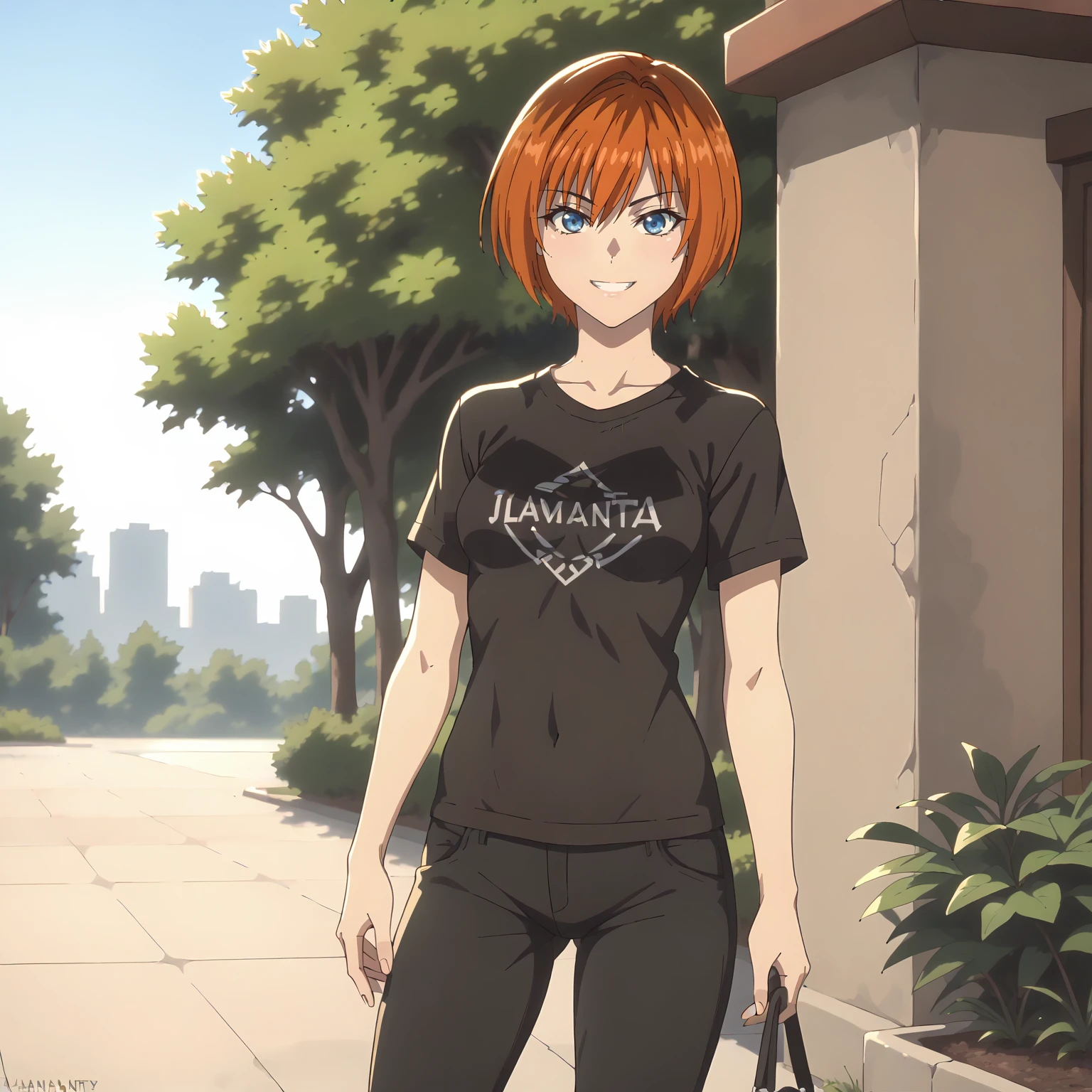 <lora:IBtSWTFF_LiliAdamantineXLpony001>,
looking at viewer,smile,
solo,
LiliAdamantine,1girl,orange hair,short hair,blue eyes,
shirt,pants,
outdoors,
standing,