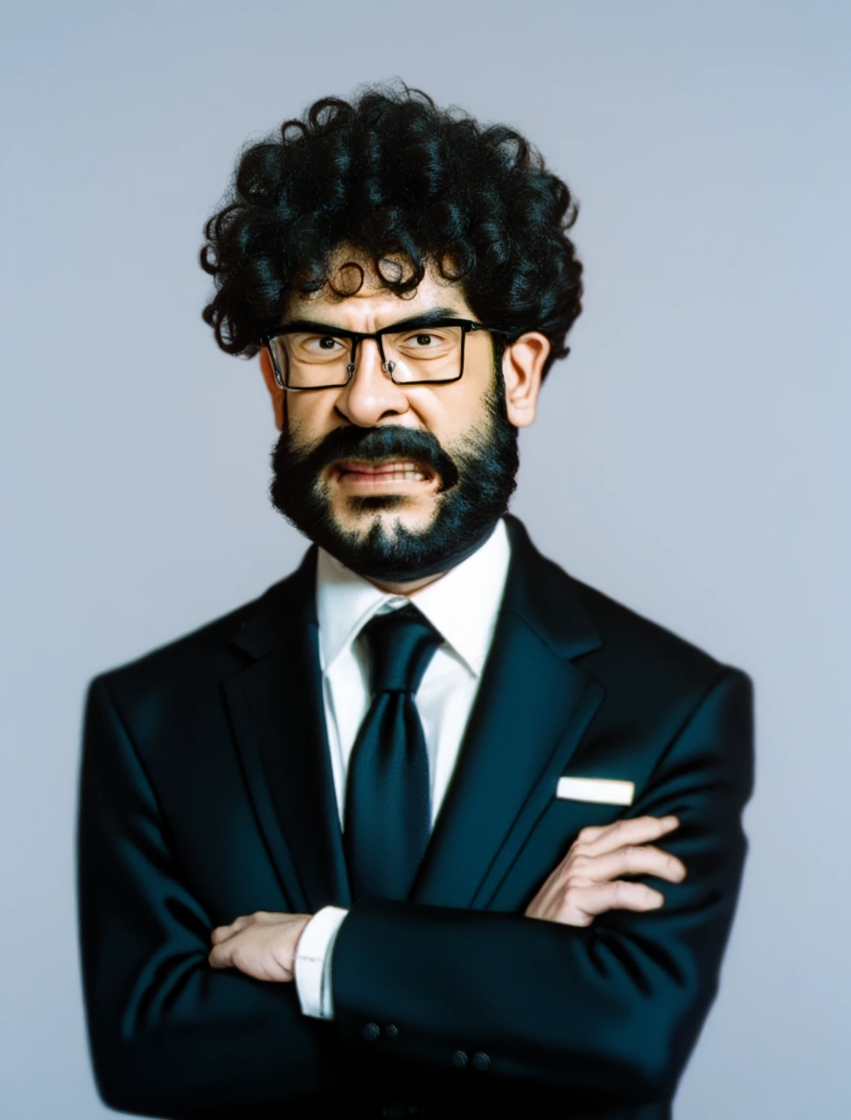 score_9, score_8_up, score_7_up, solo, BREAK, 1boy, upper body, 
<lora:TonyKhan:1.1>, tony, khan, crossed arms, black suit, black tie, angry, looking at viewer, beard, black curly hair, source_anime, glasses, <lora:Mission_Hill_1999_PonyXL:1>