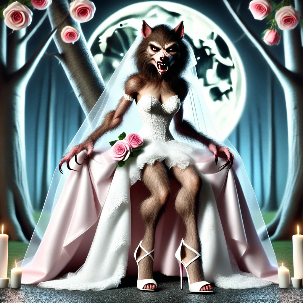 female werewolf, wedding dress, candle, dress, flower, high heels, tree, veil, white dress, rose, moon, night, fangs, shoes, claws, breasts, bridal veil, pink rose, full moon, solo, white footwear, looking at viewer, pink flower, one knee, bride, stiletto heels, candlestand, animal ears