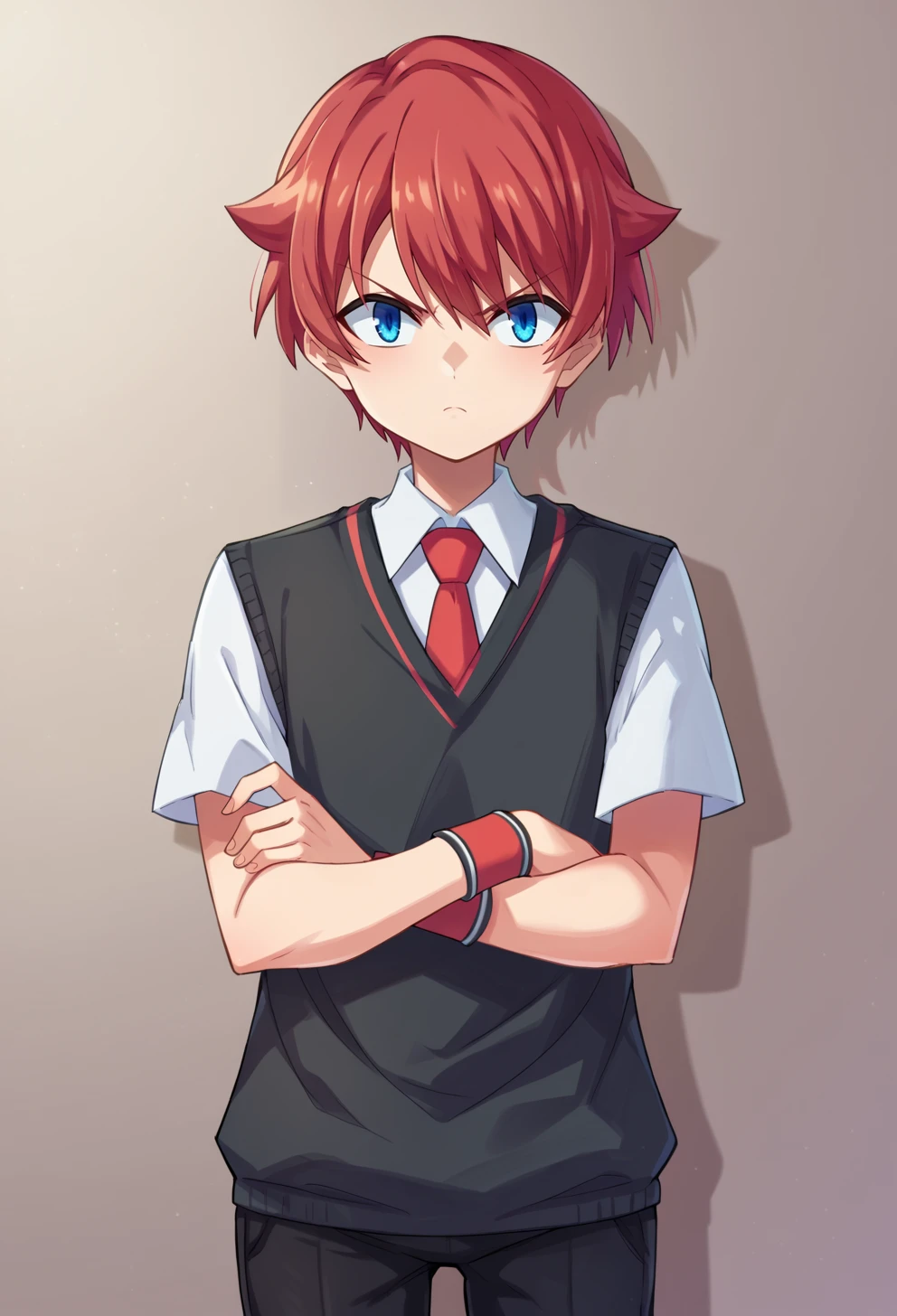 score_9, score_7_up, source_anime, BREAK  <lora:AEYuta:1> aeyuuta, blue eyes,red hair, short hair, collared shirt, red necktie, short sleeves, sweater vest, wristband, black pants, serious, x arms,