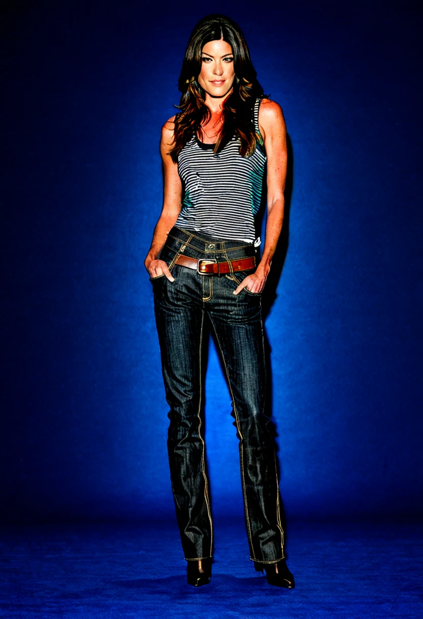 photo of a Brazilian woman, full body, brunette, 40 years old, 1.55 meters, beauty beyond standards, curvy body, small brown eyes, full mouth, wearing jeans and a t-shirt. The woman is standing.