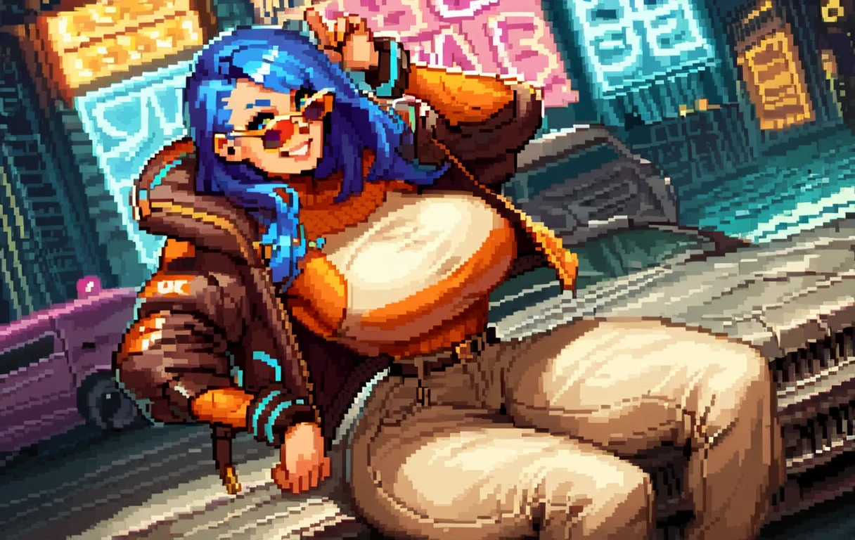 score_9, score_8_up, score_7_up, girl sitting inside a car, cyberpunk clothes, multicolored clothes, jacket, sunglasses, blue hair, pants, curvy, huge breasts, narrow waist, wide hips, thick thighs, neon lights, looking at viewer, cowboy shot, dynamic pose, smile, cute, wide shot, solo, dutch angle, detailed background,
<lora:Csp2PixelArtPony_Style:0.8> Csp2Pixel,