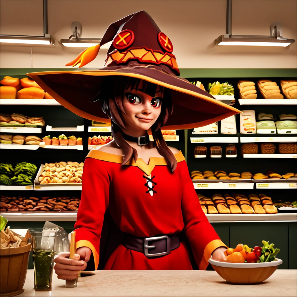 score_9, score_8_up, score_7_up, score_6_up, score_5_up, score_4_up, rating_safe,zPDXL2,mydaz,portrait of megumin wearing a dress and a witch hat in a grocery store,1girl,solo,indoors