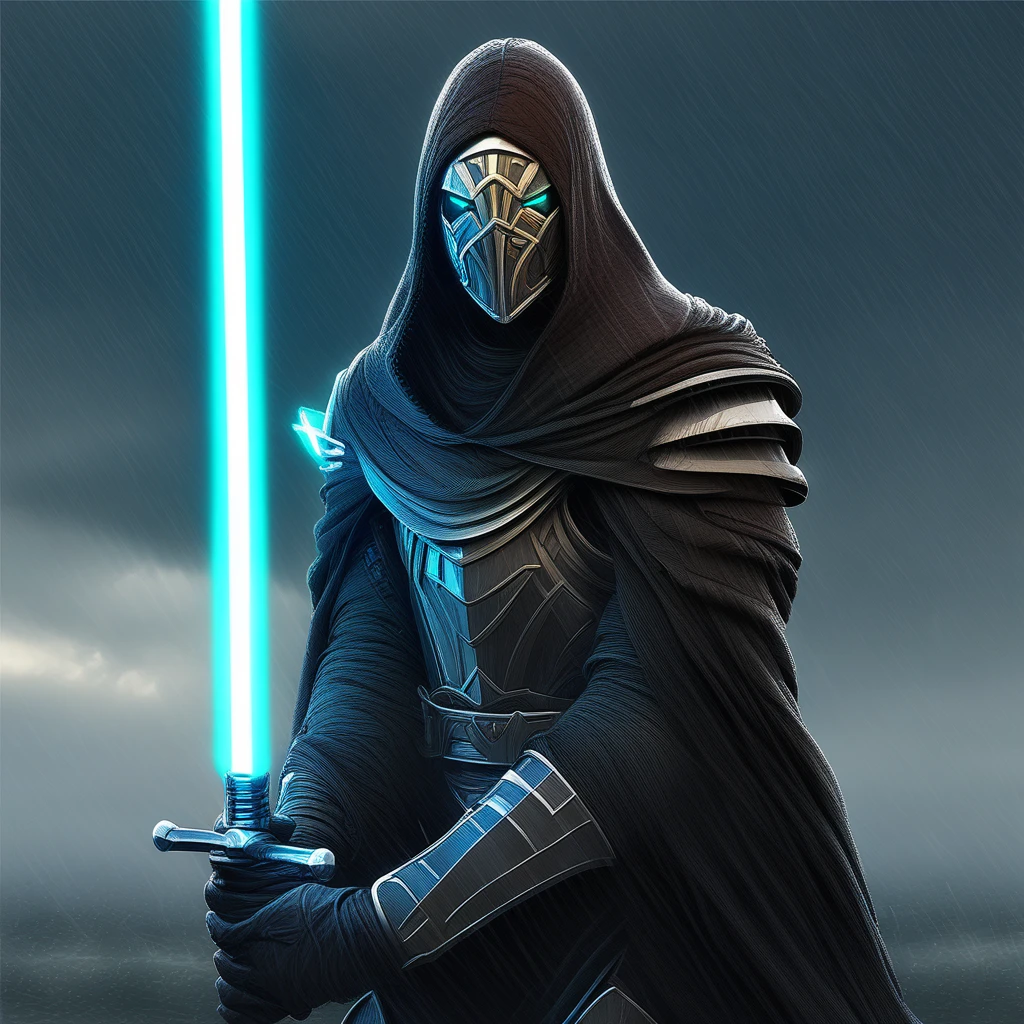 Onderon Guardian Armor, solo, 1boy, holding, male focus, weapon, sky, cloud, hood, sword, armor, glowing, glowing eyes, rain, energy sword, lightsaber, sensitive