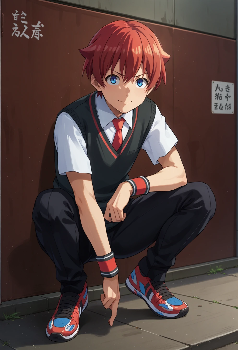 score_9, score_7_up, source_anime, BREAK  <lora:AEYuta:1> aeyuuta, blue eyes,red hair, short hair, collared shirt, red necktie, short sleeves, sweater vest, wristband, black pants, red footwear, sneakers, light smile, squatting,