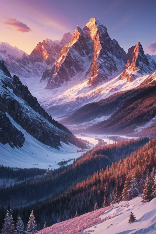 beautiful mountain landscape at dawn, god rays, intricate details, ultrarealistic, hyperrealistic , ((masterpiece)), ((best quality)), 8k, high texture resolution, uhd, hdr, cinematic lighting, valley full of flowers, mountain peaks with snow, majestic sky