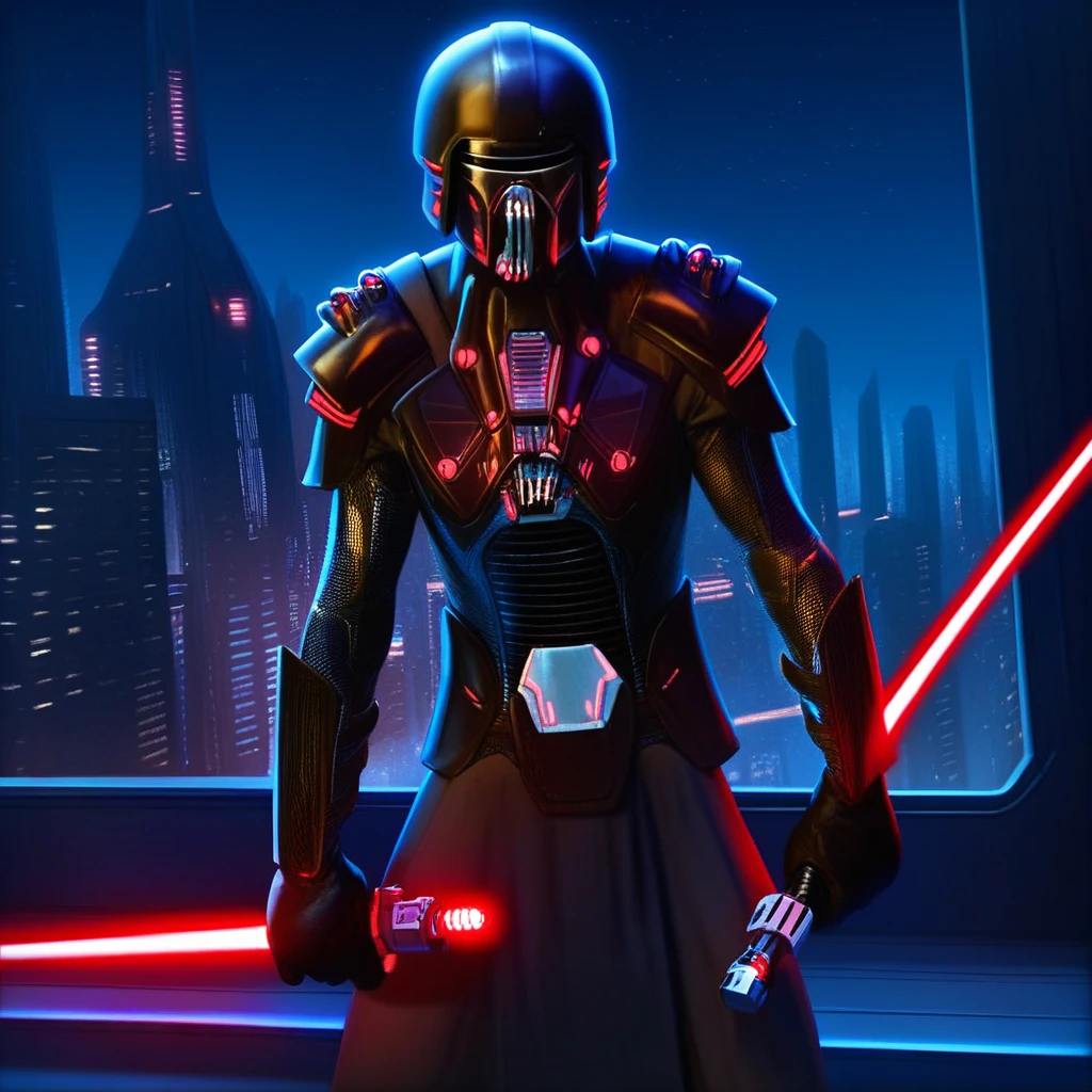 score_9, score_8_up, score_7_up, Iokath-Annhilator, Star Wars, solo, 1boy, gloves, male focus, weapon, sword, armor, night, glowing, helmet, building, science fiction, city, realistic, energy sword, cyberpunk, lightsaber, sensitive