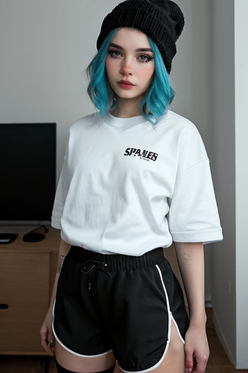 Editorial Photography, Photography, Portrait, DSLR, F/2.8, (High quality), (masterpiece), looking at viewer, (standing, posing), (detailed), 8K, Milkgore, (interior, day),  [blue hair] , (oversized shirt, black beanie, black and white sports shorts), <lora:Milkgorev4:0.95> <lora:style_lora_r51_update_out:0.45>