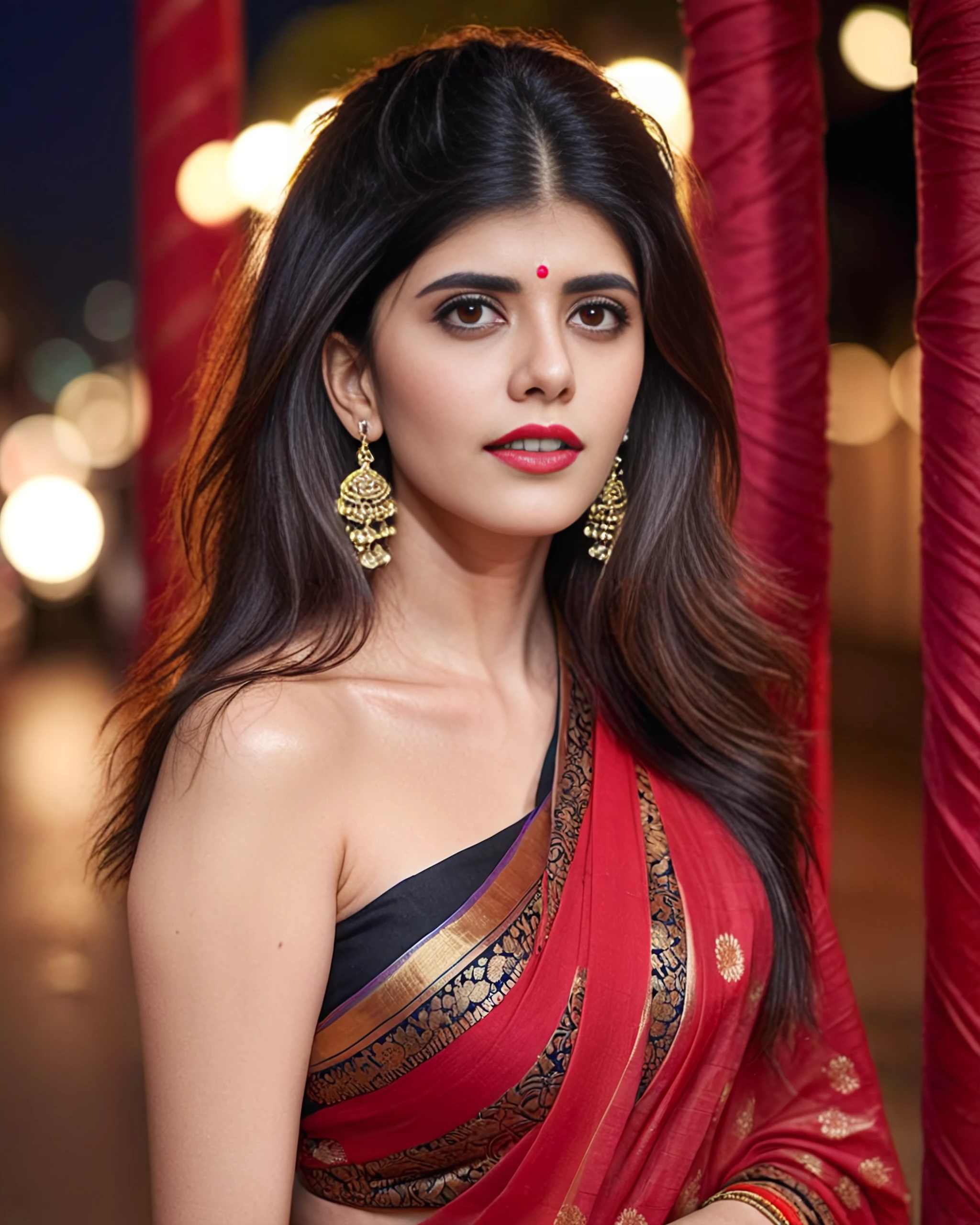 full body photo of Sanjana Sanghi woman, solo, messy hair cut, serious look, looking at the camera, ethnic Red saree and blouse, night time, contrasting background bokeh, skindentation, <lora:Sanjana_Sanghi_SDXL_LoRA_prodigy_local_xformers_HNE-000015:1>