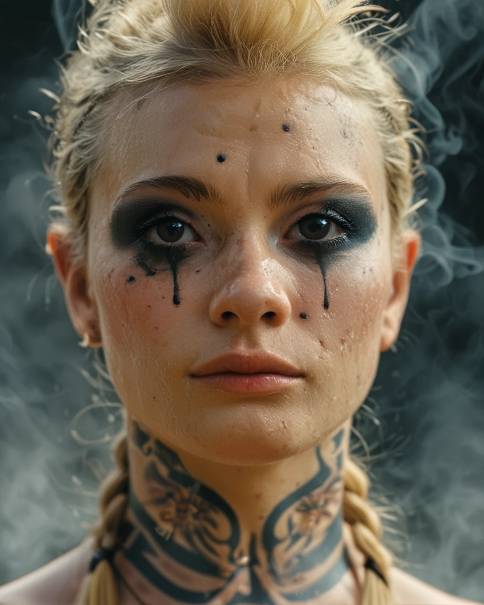 score_9, score_8_up, score_7_up, source_cartoon, rating_safe, realistic breast level photograph
BREAK Horror-themed portret photo  of nordic woman, cute slim face,  (dark smoke eyes makeup:1.2), war face paint, mohawk blonde haircut wit thin braids, (runes  tattoos on neck:1.3),  (detailed dirty skin:1.3) shiny, (epic battleground backgroun :1.2), bokey, vigneting, (high contrast:1.3)  <lora:XSfenlie:1> fenliexl, mixed media, surrealism
BREAK  SK_CINEMATIC zPDXL2