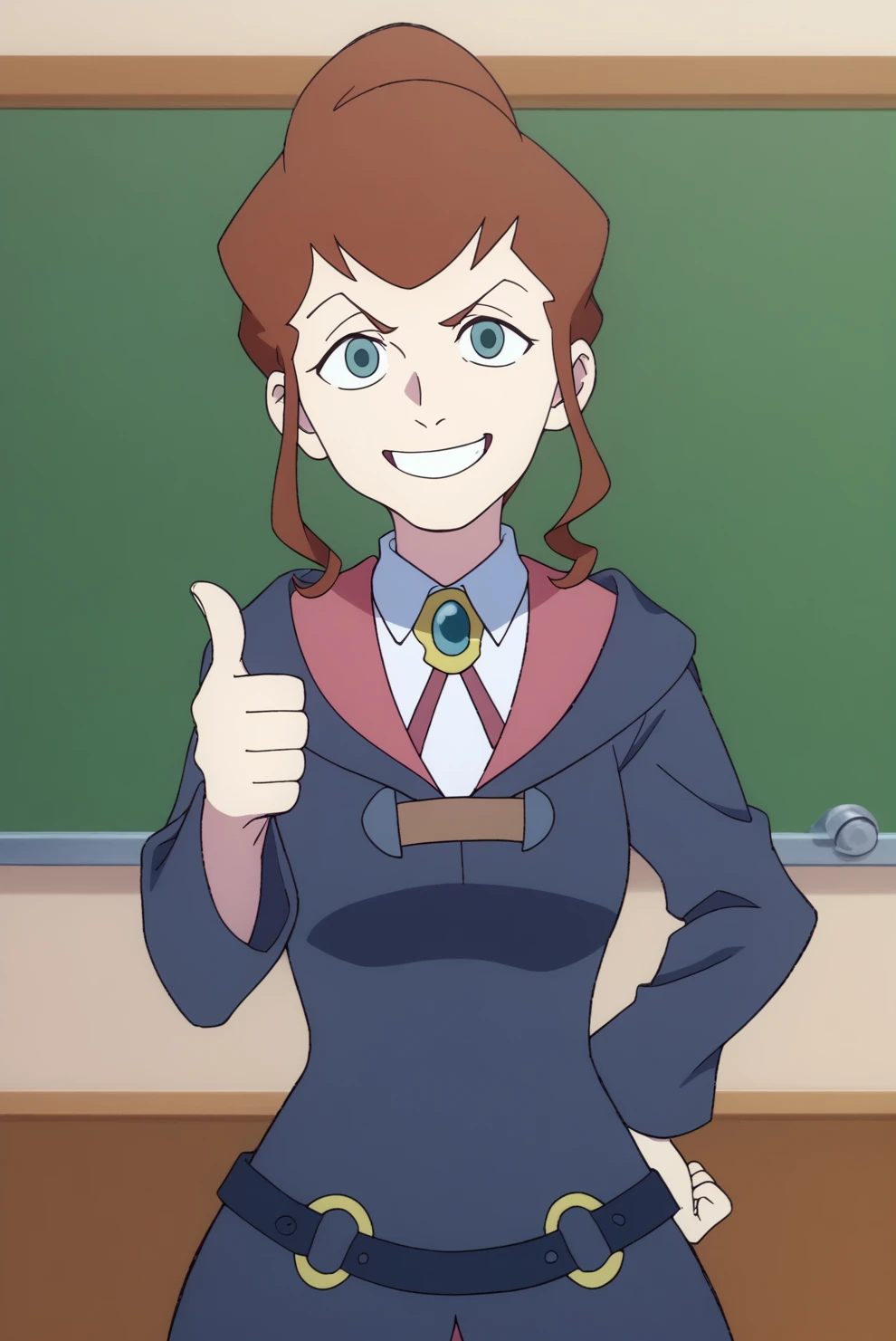 smiling, thumbs up to viewer, friendly, helpful, cheerful expression,  Anne Finnelan, solo <lora:Little_Witch_Academia-Anne_Finnelan-PDXL:0.8>