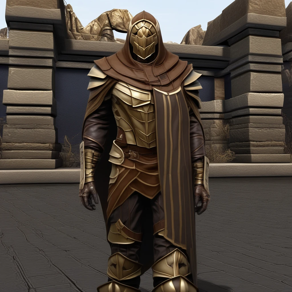  Onderon Guardian Armor, solo, 1boy, gloves, standing, full body, male focus, boots, hood, cape, armor, helmet, full armor, general, anscient ruins