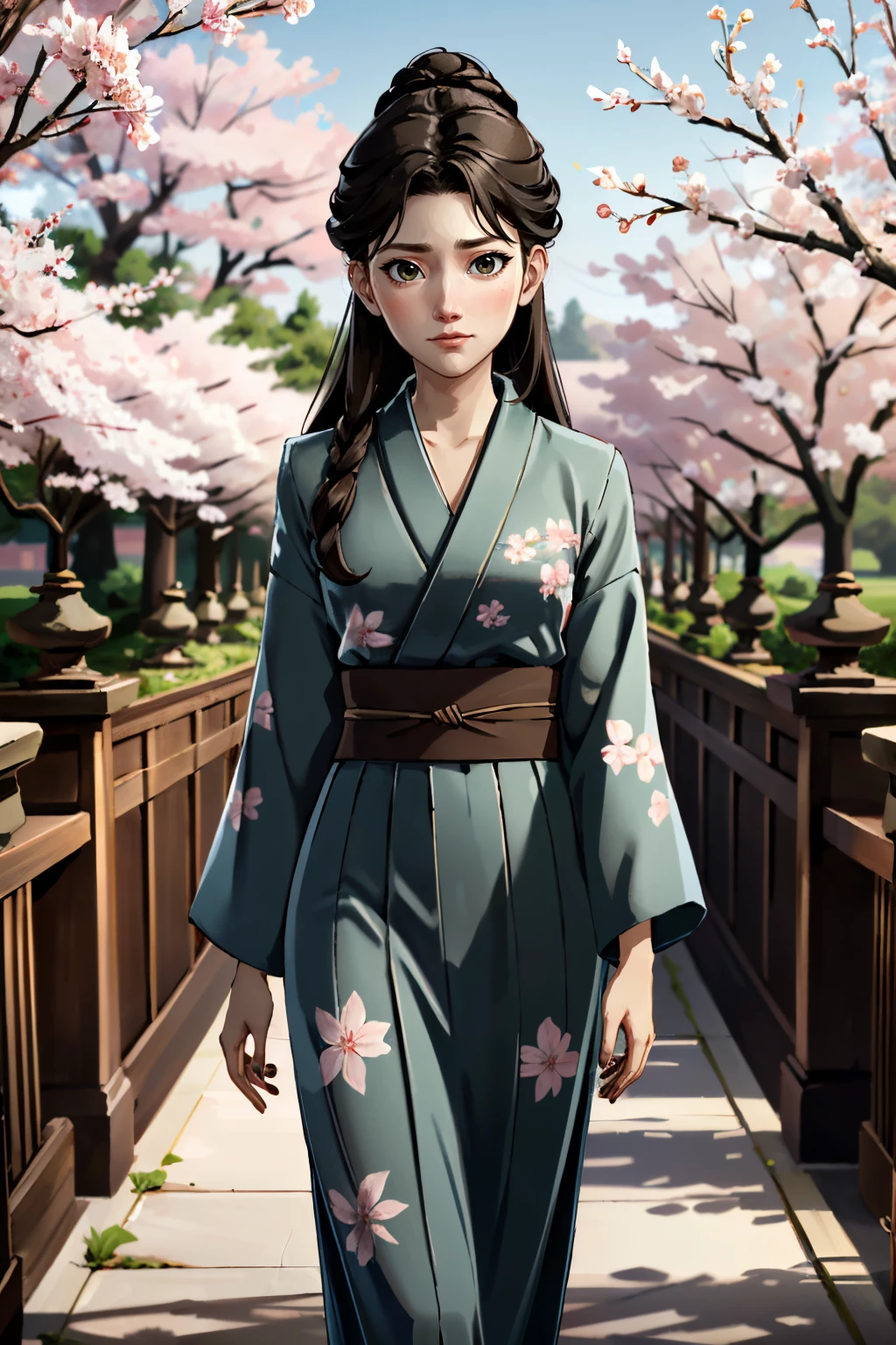 ((ultra detailed, masterpiece, absurdres))
<lora:GOTMira:0.8>
GOTMira, 1girl, brown hair, long hair, looking at viewer, walking in a serene Japanese park with cherry blossoms, yukata, and a hair ornament