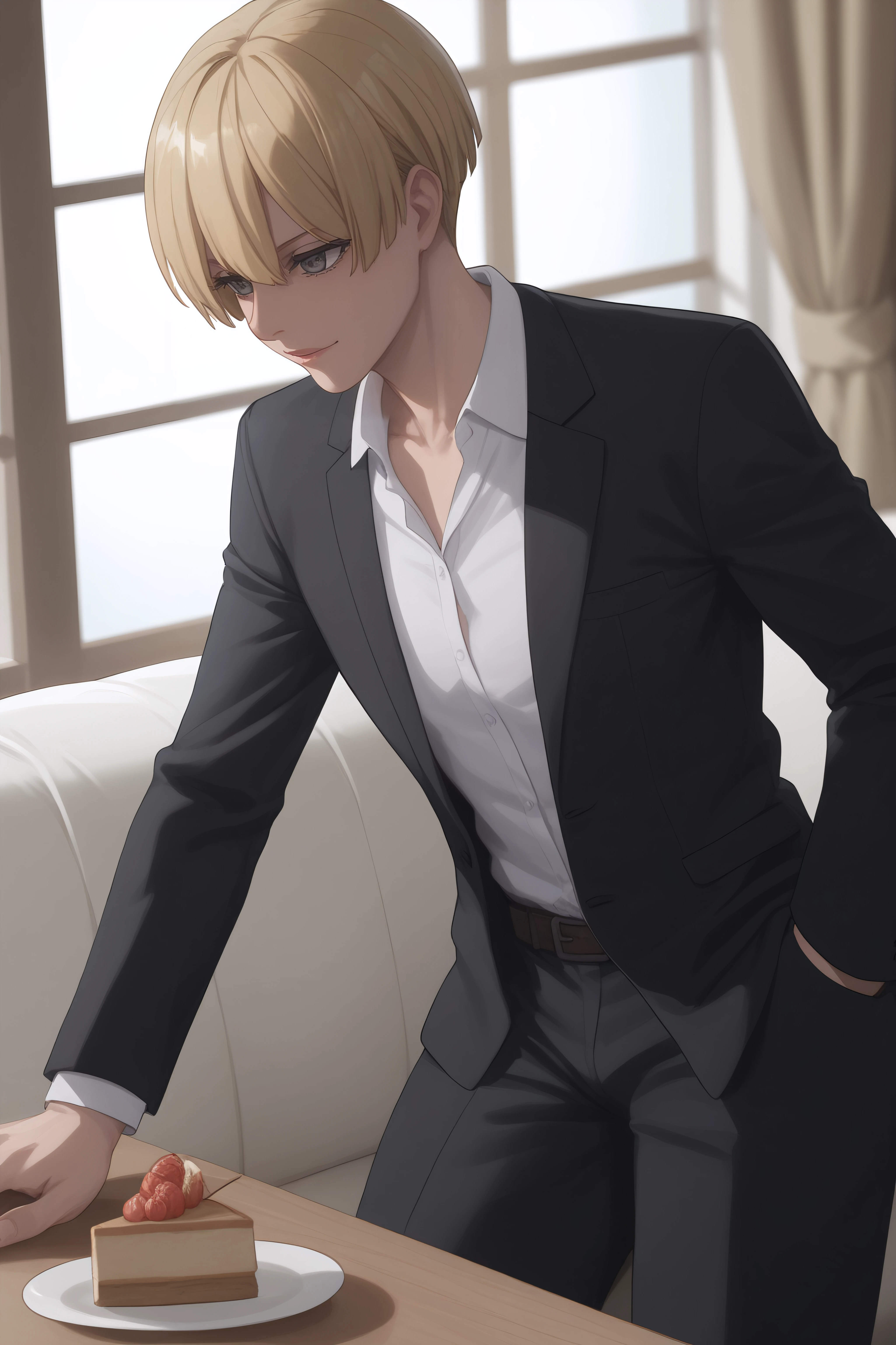 score_9, score_8_up, score_7_up, BREAK source_anime, <lora:Yelena-PonyXL-lora-Faxtron:0.8> yelena, grey eyes, blonde hair, white shirt, black suit, long sleeves,