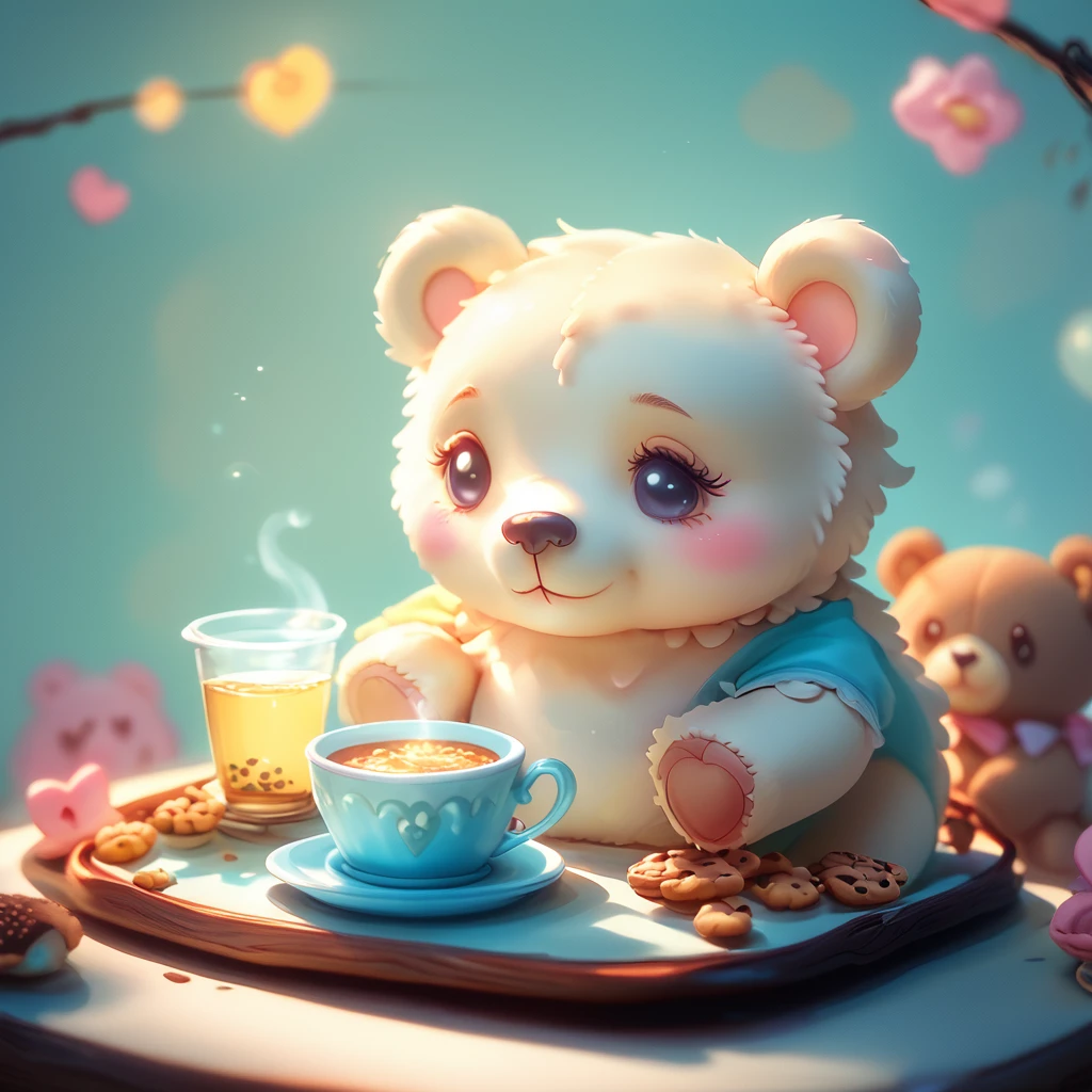 core_9, score_8_up, score_7_up, score_6_up,   <lora:ArsMJStyle_-_Cute:1> ArsMJStyle, Cute, Friendly teddy bear having a tea party with stuffed animal friends. Pastel-colored playroom, tiny teacups, plate of cookies. Soft, rounded shapes, warm lighting, gentle expressions.