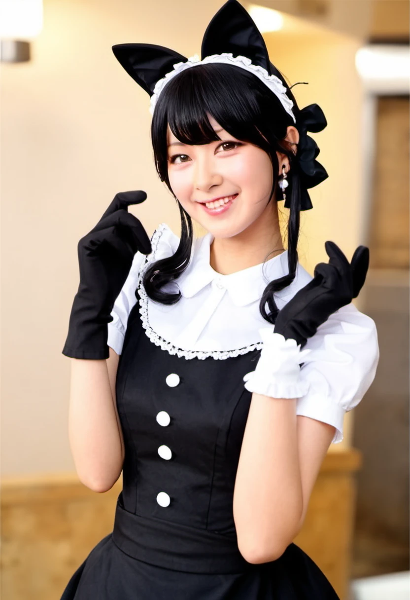 Saya Hiyama, wearing earrings, black hair, wearing maid costume, cosplay, kawaii, full body, standing, wink, cat ears, gloves