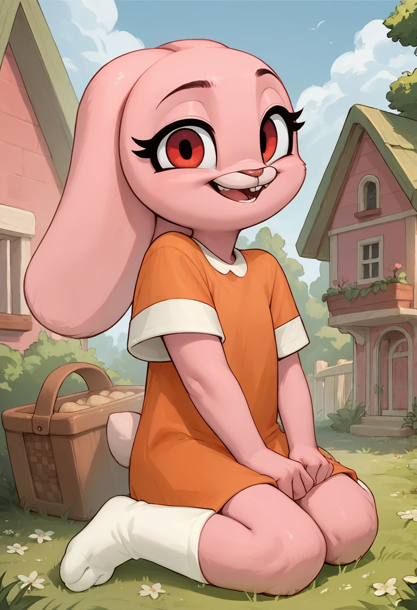 <lora:anais_watterson_v1:1>, score_9, score_8_up, score_7_up, rating_questionable, source_cartoon, solo, anais gumball, young anthro, rabbit, pink fur, red eyes, orange shirt, white knee-high socks, open smile, detailed background, outside, yard, full length portrait