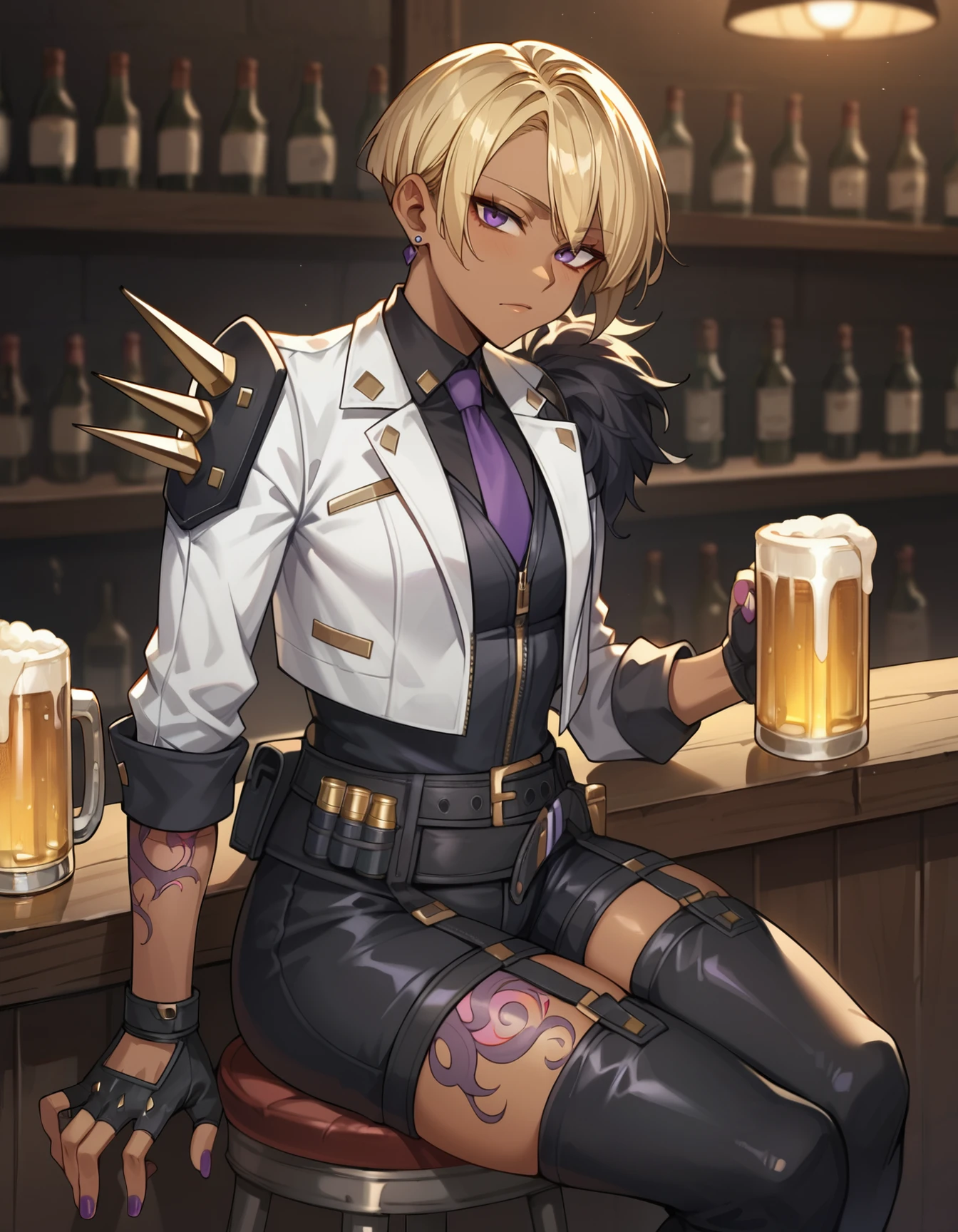 score_9,score_8_up,score_7_up,score_6_up,dark background,1girl,f4tal3,black fingerless gloves,dark skin,black thighhighs,white jacket,dark-skinned female,blonde hair,belt,short hair,black shorts,looking at viewer,sitting bar stool,beer,white necktie,arm tattoo,shoulder spikes,black shirt,earrings,belt pouch,purple nails,leg tattoo,zipper,long sleeves,holster,     <lora:MyTrainings\Temp\Mad_Maggie_Furious_Fatale_XL_Pony_ARZUMATA-000009.safetensors:0.7>