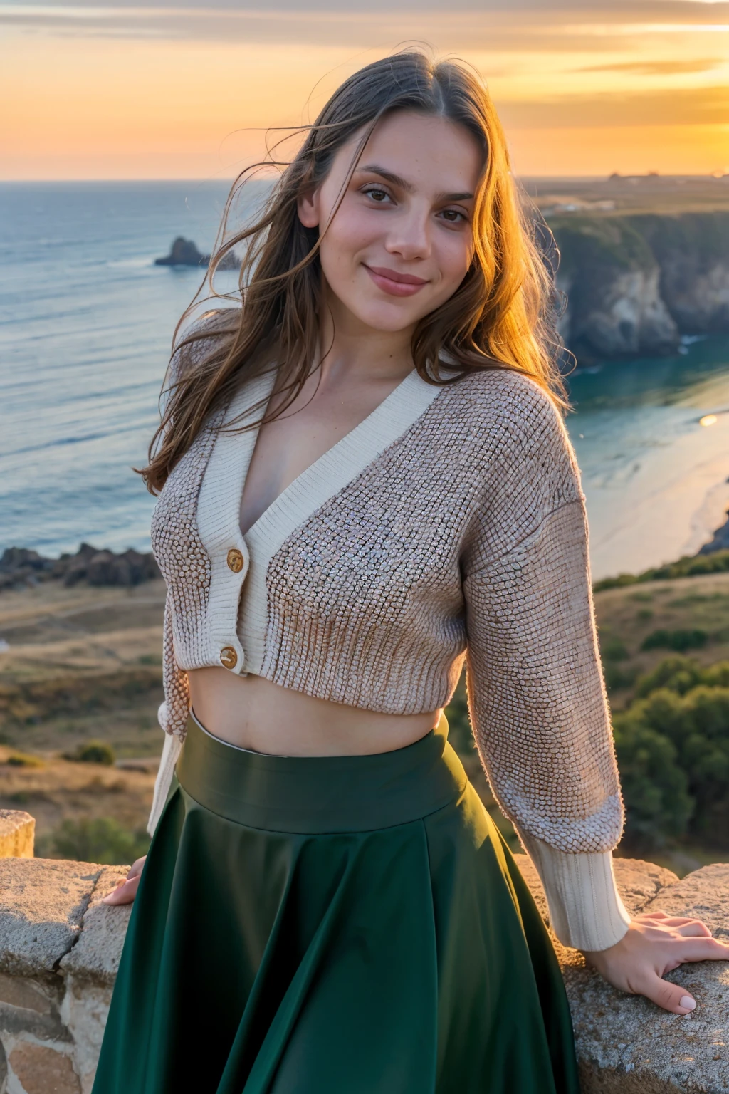 a (upper-body focus) photograph of (1girl, 19 years old, slight smile), <lora:ZH_DafneKeen_v1SD15:1>, zh_dafnekeen, solo, realistic, brown eyes, long hair,  looking at viewer,  wearing (cardigan, crop top and flair skirt)