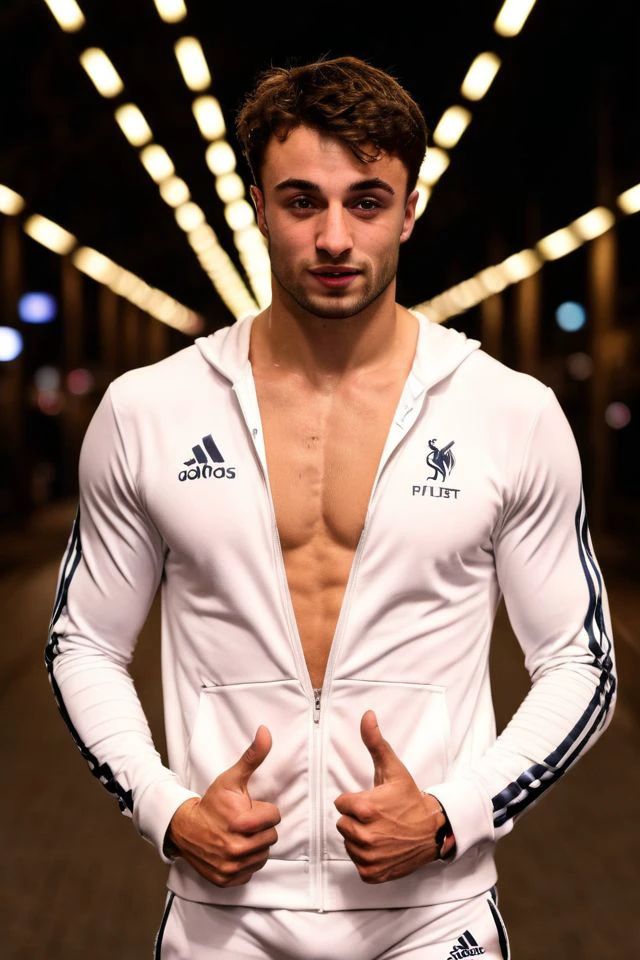 jules bouyer a man <lora:Jules-Bouyer:1>, realistic photo in a worn ((skin-revealing skimpy erotic white tracksuit, massive hairy pecs)), big pecs, big arms, bulge, VPL, ((light bokeh)), intricate, (steel metal [rust]), elegant, erotic, exuding sexual energy, homoerotic, sharp focus, photo by greg rutkowski, soft lighting, vibrant colors, (masterpiece), ((streets)), (detailed face), looking at viewer, light smile, night, walking towards viewer, cinematic lighting, beautiful lighting, cinematic lighting, (hazy filter, film grain:1.2) <lora:add-detail-xl:0.8>