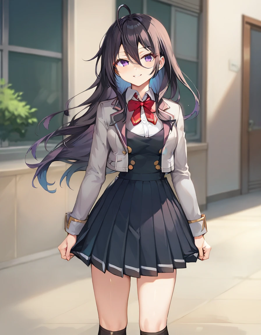 score_9,score_8_up,score_7_up,score_6_up BREAK official art,solo,outdoors,cowboy shot,looking at viewer,facing viewer,smile,Kimishima Ayano,ahoge,long hair,black hair,floating hair,sidelocks,hair between eyes,parted bangs,purple eyes,school uniform,grey jacket,cropped jacket,open clothes,open jacket,wing collar,red bowtie,black dress,pleated dress,double-breasted,collared shirt,white shirt,medium breasts,skindentation,long sleeves,black socks,loafers,brown footwear,<lora:Kimishima Ayano(tsrdta)-Pony:1.2>,<lora:Smooth Anime Style LoRA XL:0.8>,