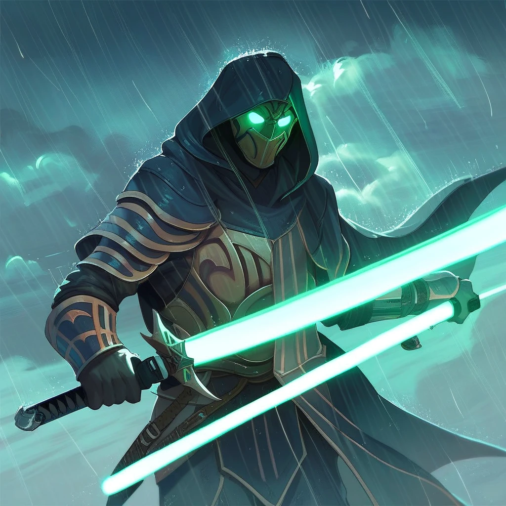 score_9, score_8_up, score_7_up,Onderon Guardian Armor, solo, 1boy, holding, male focus, weapon, sky, cloud, hood, sword, armor, glowing, glowing eyes, rain, energy sword, lightsaber, sensitive