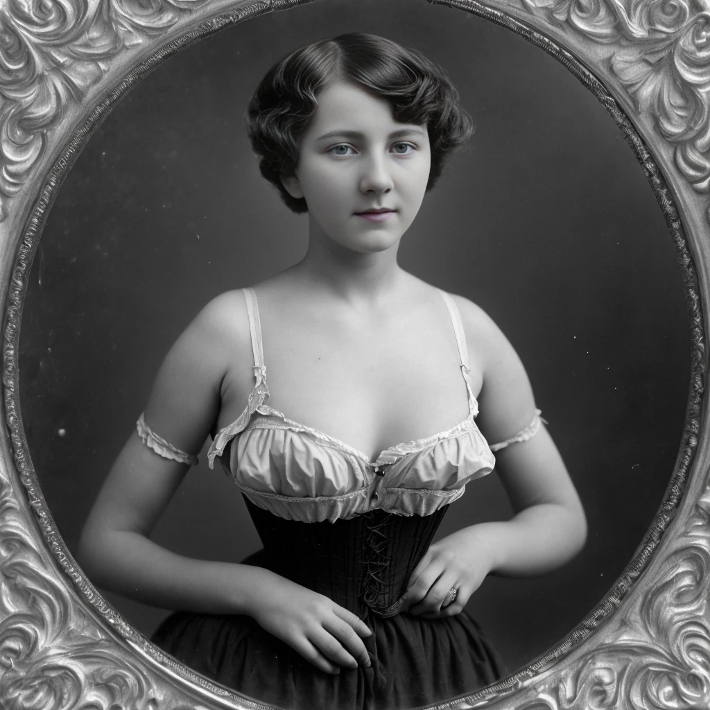 <lora:vog:1> 1875 vintage photo of a (young woman with small breasts and ultrashort hair)wearing VOG, tack sharp, BW photo, masterpiece