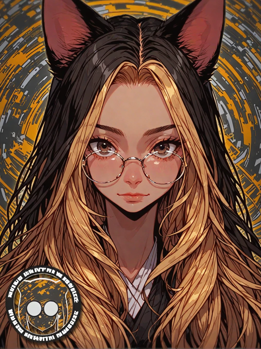 score_9, score_8_up, score_7_up, score_6_up, mhm, mhm background, face, 1girl, close-up, closed mouth, animal ears, round glasses, cat ears, long hair, brown eyes, dark eyes, pale skin, multicolored hair, highlighting, black hair, blonde hair, black eyes,

vivid,

cute, dream, effects, glow, abstract background,