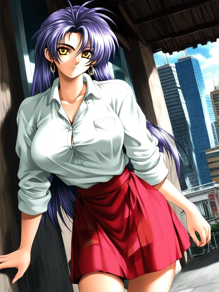 score_9, score_8_up, score_7_up, source_anime, rating_explicit, BREAK  <lora:Serizawa_Mio_XL:1> SerizawaMio, purple hair, long hair, breasts, large breasts, yellow eyes,
 jewelry, earrings, skirt,  shirt, sleeves rolled up, looking at viewer,
city, day, outdoor,