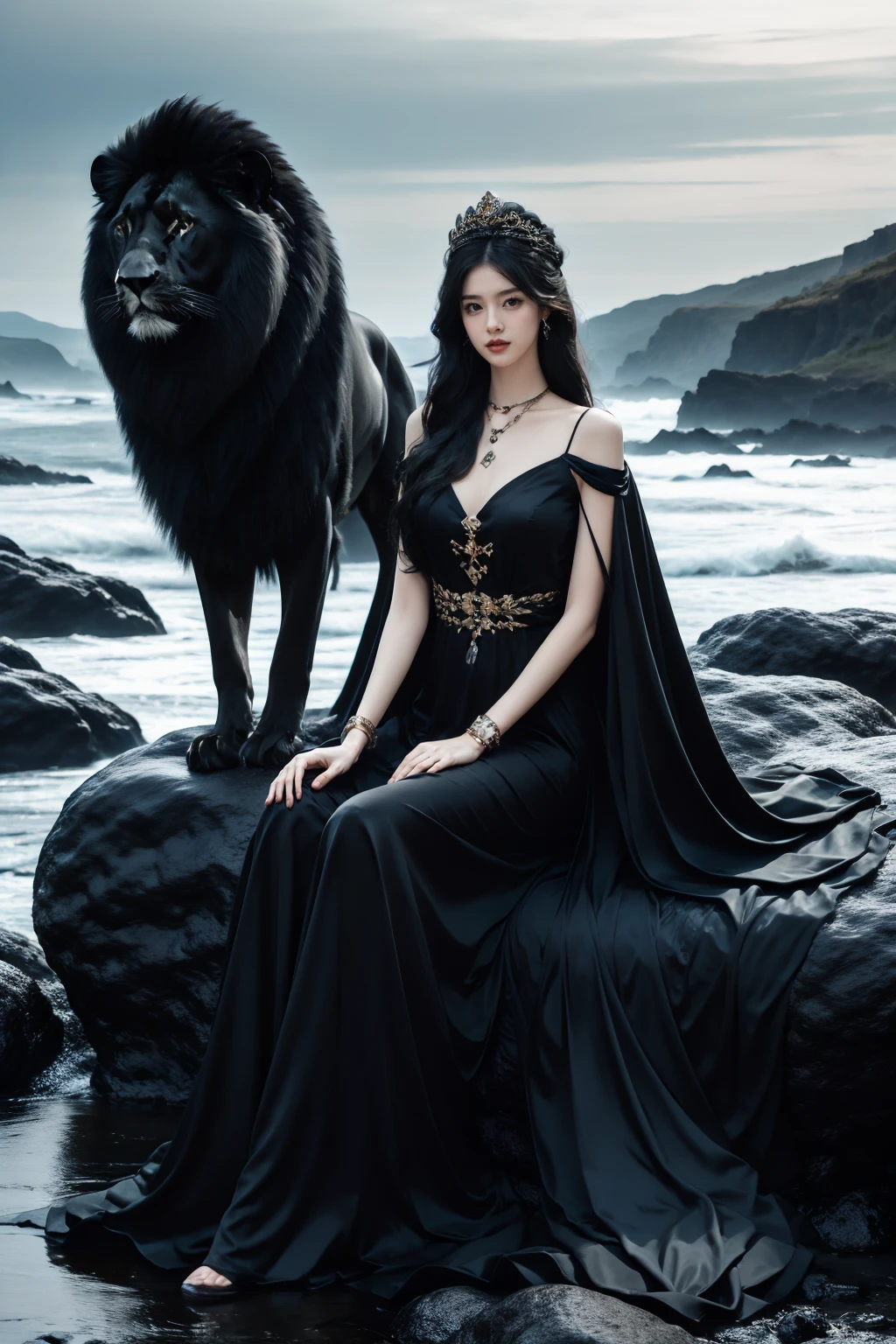 1girl, sitting, black lion,black lion queen,  <lora:JAY -  BLACK LION QUEEN:0.8>