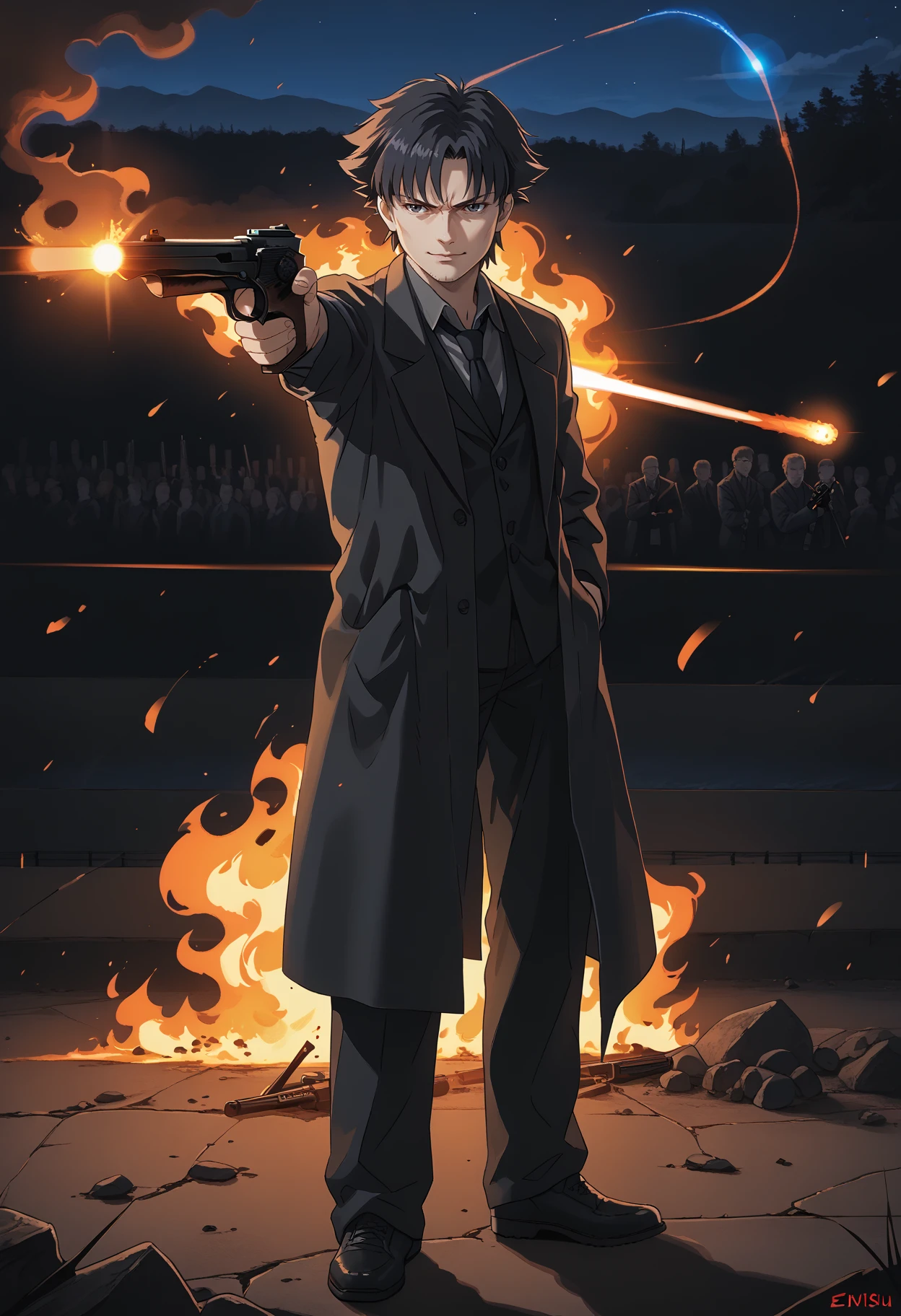 score_9,  score_7_up, BREAK, <lora:emiyakiritsuguv1:1>, standing, emiya kiritsugu, black hair, short hair, facial hair, stubble, long coat, black coat, grey shirt, collared shirt, waistcoat, black necktie, black eyes, fire, outdoors, battlefield, evil smile, aiming, darkness, night, night sky, (cross:1.2), <lora:YusufDikecGunPose_pdxl_Incrs_v1:1> holding weapon, holding gun, handgun, hand in pocket, aiming, full body, solo, lens flare,