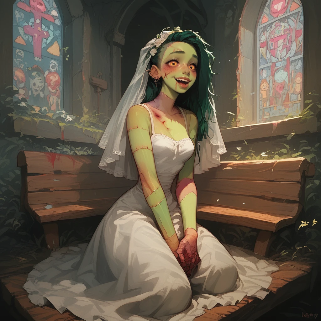 (score_9, score_8_up, score_7_up),1 solo girl, kneeling, ultra happy face, wearing a white bride dress, in a church, sunny day, perfect light, wood christian bench, 
 <lora:Zombie_girl_LASCALAE:1>, z0mb13_g1rl_lascalae, zombie girl, green skin, stitches,