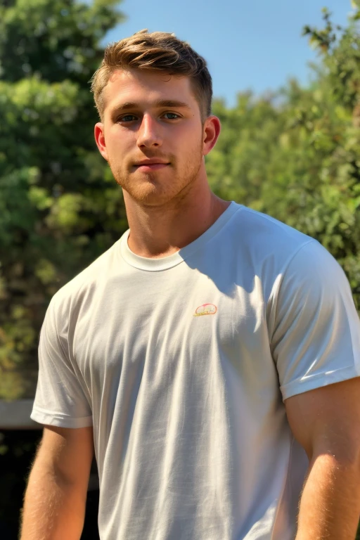 photograph of guy  face focus, upper body High resolution handsome guy, highly detailed, white t-shirt, (look at viewer) bokeh background, sunlight morning, sunburnt, detailed eyes,  <lora:add_detail:0.7>  <lora:nathanfort:0.7> nathanfort,, (masterpiece,best quality:1.5)