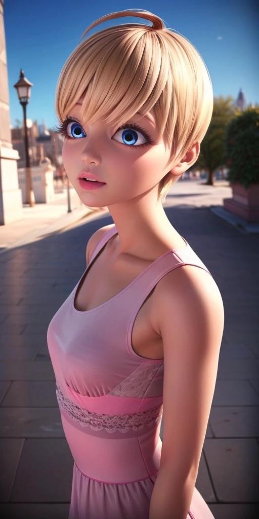 Hyperrealistic, super detailed, photorealistic, long pink dress with lace, honey blonde pixie cut with bangs that slightly cover her eyes to the right and a tiny cowlick on top expressive round vivid sapphire blue eyes, body like in real life, large pores, slender, fourteen years old, fair-skinned skin, beautiful arms, very flat very little breasts, unreal engine, octane render, droped shadow, bokeh, cinematic lighting, <lora:Volumetric_lighting:0.6>, <lora:add_detail:0.5>, Rose Lavillant, , <lora:06bcf8b1-73c7-405d-9e36-210ca06801fe:0.7>