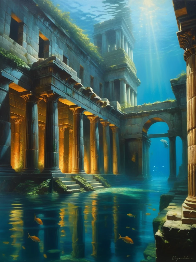 <lora:07RomanticismArt_Hap_XL:1>, romanticism oil painting, oil painting, underwater image of a ancient city, glowing, by Greg Rutkowskiï¼