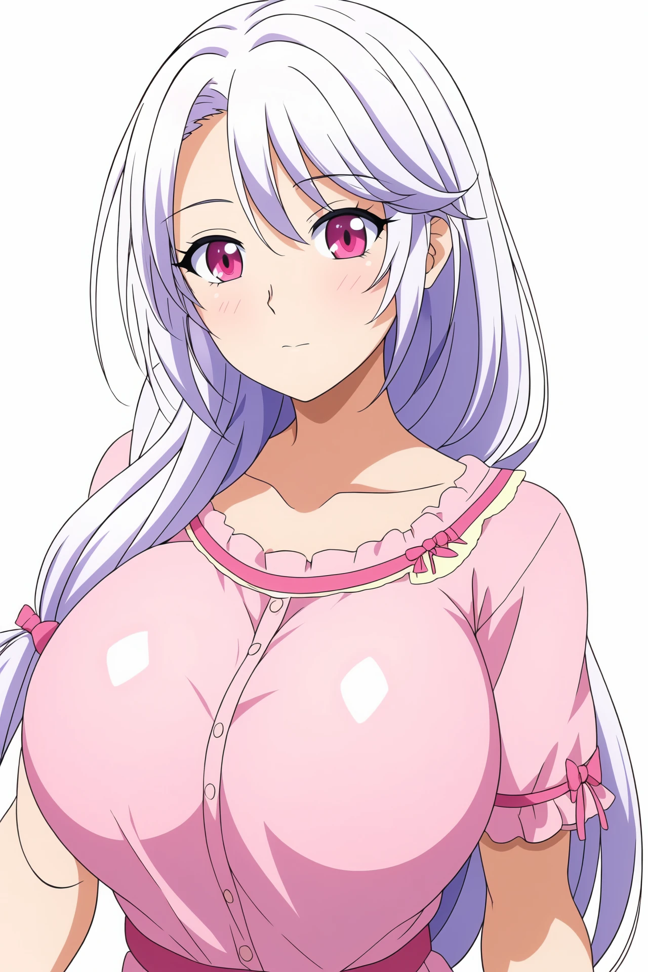 score_9, score_8_up, score_7_up, source_anime, best quality, masterpiece, rating_explicit, uncensored, anime screencap, megami magazine, BREAK, euphemia li britannia, pink hair, long hair, purple eyes, double bun, huge breasts, nipples, cleavage, pink dress, long sleeves, cleavage cutout, flower, choker, flower choker, gardee, looking at viewer, blush, smile, closed mouth
