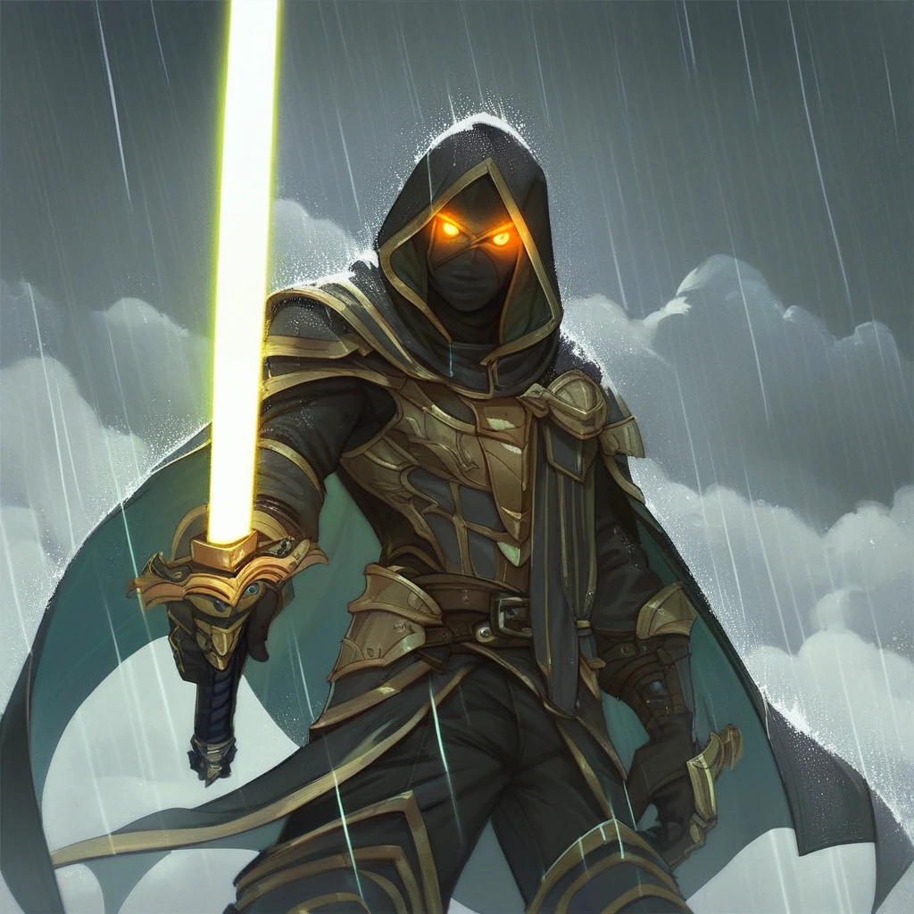 score_9, score_8_up, score_7_up,Onderon Guardian Armor, solo, 1boy, holding, male focus, weapon, sky, cloud, hood, sword, armor, glowing, glowing eyes, rain, energy sword, lightsaber, sensitive