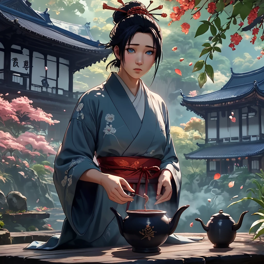 core_9, score_8_up, score_7_up, score_6_up<lora:ArsMJStylePony_-_Anime_C:0.8> ArsMJStyle, AnimeC,Magical tea ceremony in ancient temple garden. Shapeshifting tanuki serving tea, hidden yokai peeking from foliage. Blue-eyed samurai guest in formal attire. Ghibli-esque exaggerated expressions, lush vegetation, soft dappled sunlight.