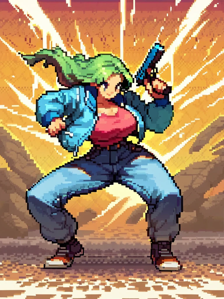 score_9, score_8_up, score_7_up, green hair, 1girl, jacket, pants, holding a gun, curvy, huge breasts, dynamic pose, smile, cute, solo, detailed background, standing, looking to the side, fight pose,
<lora:Csp2PixelArtPony_Style:0.8> Csp2Pixel,