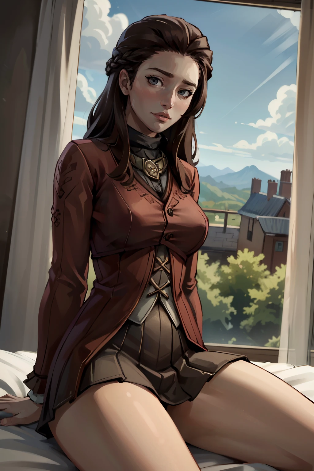 ((ultra detailed, masterpiece, absurdres))
<lora:GOTElaena:0.7>
GOTElaena, 1girl, brown hair, long hair, looking at viewer, sit on bed, bedroom windows with garden view, white translucent curtain, windy