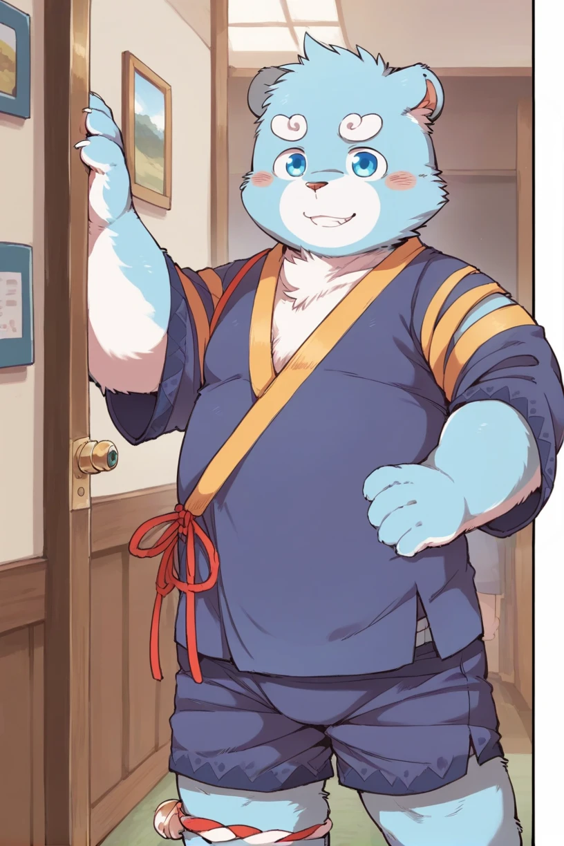 by takemoto arashi,felid,by lindong,anthro,(detailed background:1.2),hdr BREAK zPDXL,kemono,plush fur,anime artwork,vibrant,anime style,studio anime,highly detailed,furry,alone,shiquanhao,blue bear,blue eyes,(masterpiece),(very detailed),(best quality),alone,(detailed background:1.2),(smile:1.1),(detailed eye:1.2),corridor,japanese clothes,shorts,child,(hands_on_hips:1.1),<lora:hand 4:0.6>,<lora:shiquanhao_sdxl(v2):1>,