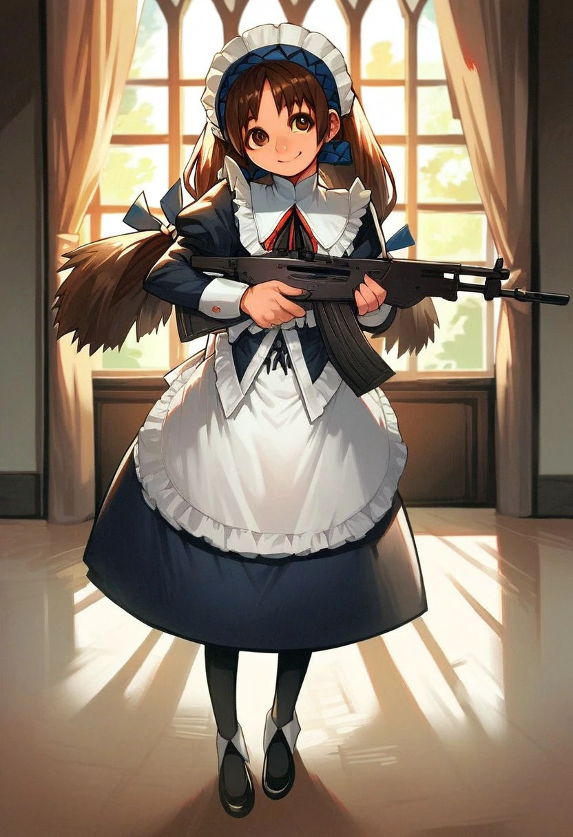 score_9_up, score_8_up, score_7_up, score_6_up, 1girl, solo, Yuki_MCMG, maid, maid headdress, long brown hair, twintails, black pantyhose, black shoes, brown eyes, apron, smile, holding an assault rifle, standing in an (old mansion), source_anime