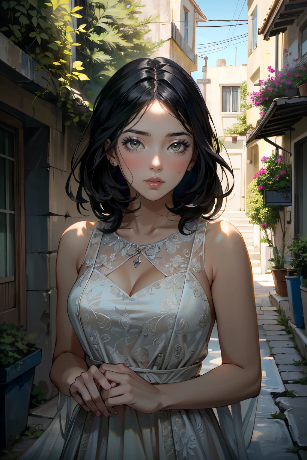 ((ultra detailed, masterpiece, absurdres))
<lora:UDEmily:0.8>
UDEmily, 1girl, black hair, looking at viewer, Whitewashed Santorini Alleyways with Bougainvillea, portrait