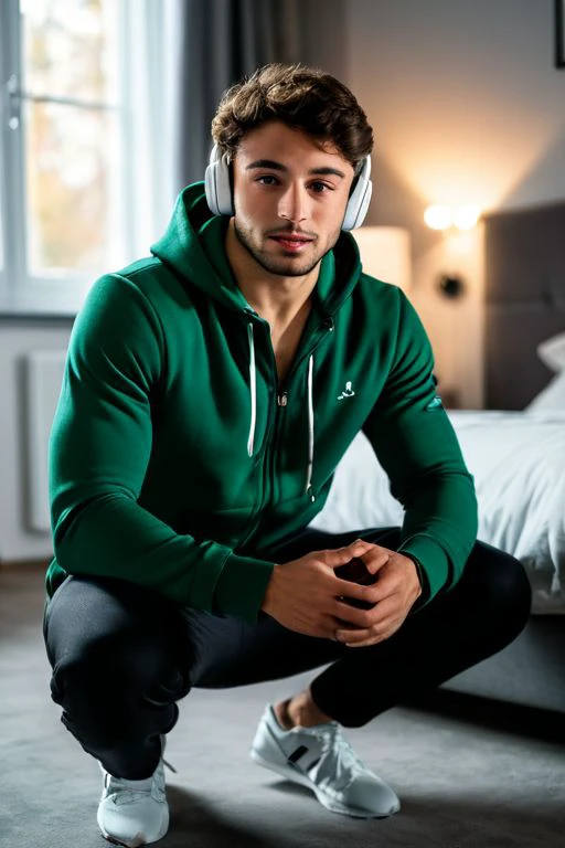 breathtaking cinematic photo masterpiece,highest quality,perfect quality, jules bouyer a man <lora:Jules-Bouyer:1>,wearing a green hoddie,squatting on ground,(wearing a wireless white headphones:1.5),holding gampad,in the bedroom,looking at the camera,cozy scene,35mm photograph,film,bokeh,professional,4k,highly detailed . award-winning,professional,highly detailed,. 35mm photograph,film,bokeh,professional,4k,highly detailed . award-winning,professional,highly detailed,