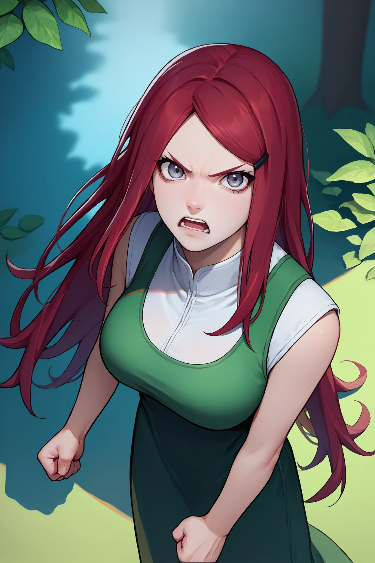 score_9, score_8_up, score_7_up, score_6_up, source_anime, 1girl, solo,  <lora:kushina-pdxl-nvwls-v1-000004:1> kshna, red hair, long hair, grey eyes, hairclip, white shirt, green dress, sleeveless, long dress, closed eyes, big breasts, serious, clenched hands, open mouth, from above, forest, looking at you